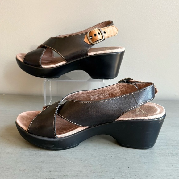 Dansko Jacinda Black Tan Slingback Leather Criss Cross Strap Wedge Sandal 37 - Picture 9 of 13